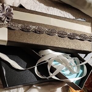 Ivory Ribbon Headband with Silver Beaded Accent